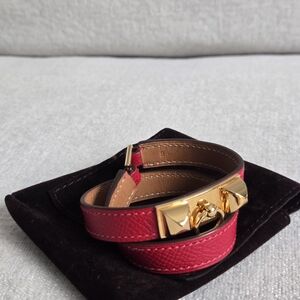 Hermes Pink Double Wrap Bracelet with Gold Pyramid Hardware